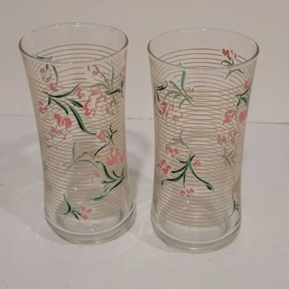 Libbey Vintage Pink & Green Striped Highball Glasses 6” Floral
